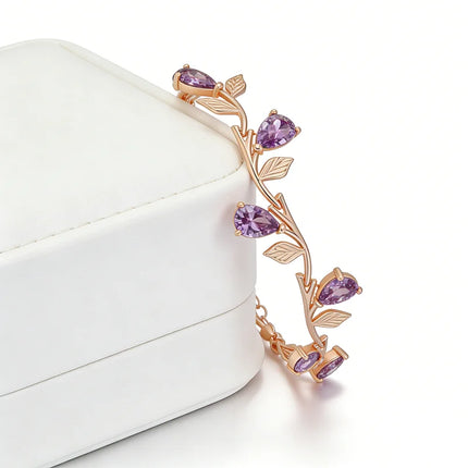Kinel Luxury 585 Rose Gold Color Petal Bracelet For Women Fashion Shiny Purple Natural Zircon Accessories Ethnic Wedding Jewelry