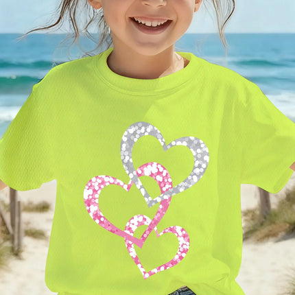 Cartoon Heart Graphic 3D Printed Girl Clothes Casual Short-Sleeve Round Neck Top for Girls Summer Fashion Children's Clothing