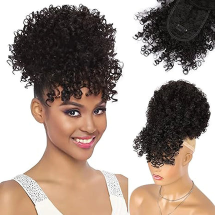 Drawstring Ponytail with Bangs Afro Puff Ponytail Extensions for Women Short Curly Puff Ponytail with Bangs Clip in Wrap Updo Ha