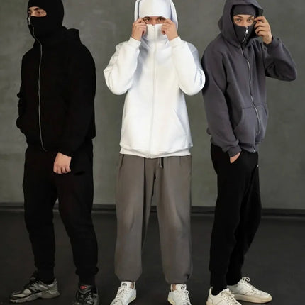 Men'sBalaclava Y2K Gothic Harajuku  Autumn Winter New Item Double Hooded Sweatshirt Homme Hooded Mask Zipper Sportswear