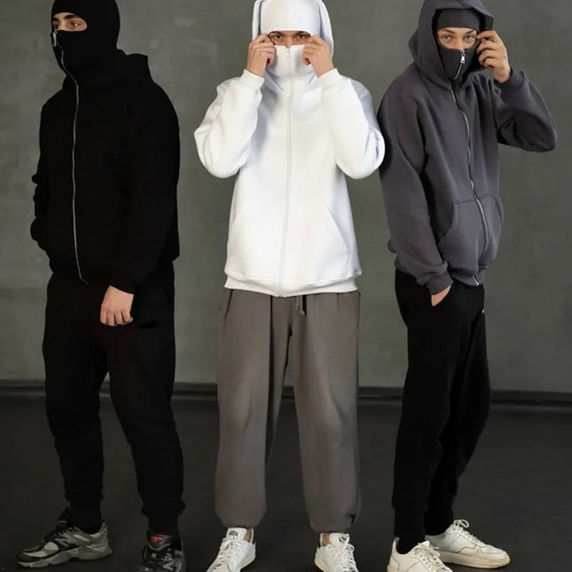 Men'sBalaclava Y2K Gothic Harajuku  Autumn Winter New Item Double Hooded Sweatshirt Homme Hooded Mask Zipper Sportswear