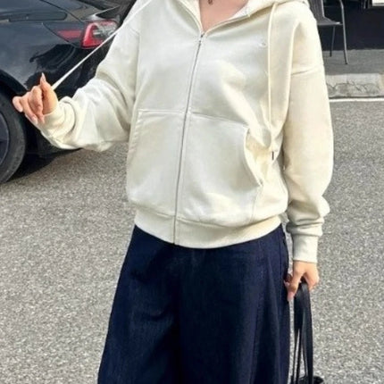Korean Fit Classic Versatile Drawstring Hoodies Fashion Casual Loose Zipper Hoodies Women Autumn Cotton Long Sleeves Sweatshirt