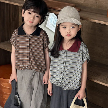 Boys and girls POLO shirt 2025 children's summer new striped short-sleeved T-shirt Mori retro tops summer 80-140cm