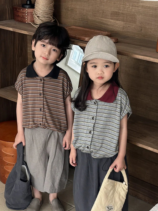 Boys and girls POLO shirt 2025 children's summer new striped short-sleeved T-shirt Mori retro tops summer 80-140cm