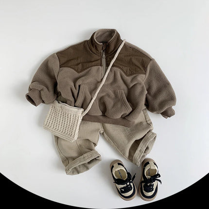 MILANCEL New Winter Children Hoodie 1-7T Simple Color Block Girls Fleece Top Korean Version Loose Kids Warm Clothes
