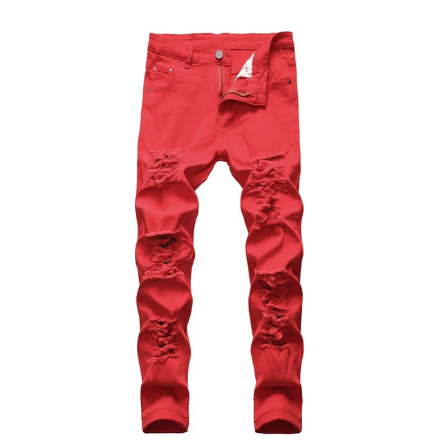 New Men Ripped Jeans Red Hip Hop Holes Slim Denim Pants Punk Streetwear Versatile Stretch Wash Solid Casual Slim Pencil Trousers
