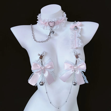Pink Lace Bell Set Collar Traction Adjustment Sex Toy Tuning Mimi Clip Nipple Clip K9 Tuning Props Adult Sexy Toys Mascaras Bdsm