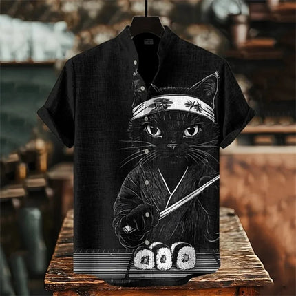 Men's Fashionable Stand up Collar Whale Pattern Retro Short Sleeve Button up Shirt High-Quality Streetwear New 2025