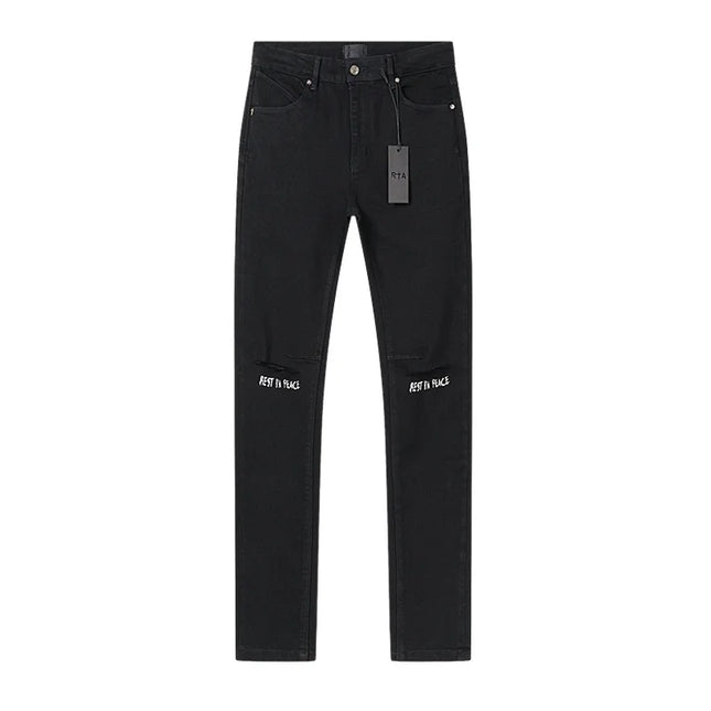 Men's best quality letter printed Slim Fit Skinny Long Black Denim pants long Trousers Jeans Streetwear