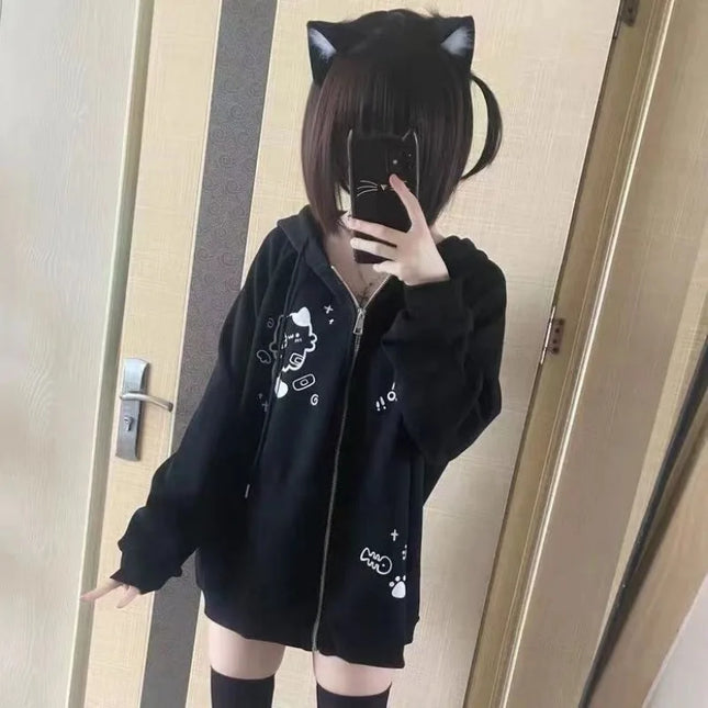Spring Autumn Jackets Cute Cats Print Zip Up Hoodie Women Streetwear Sweatshirt Y2k Tops Cartoon Japanese Coat Grunge Black Gray