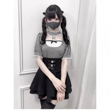 Japanese Gothic Lolita Style Shirts Women Vintage Sweet Y2k Lace Ruffles Short Sleeve Plaid Blouse Girls Casual Tops