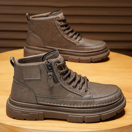 Men's Leather High-Top Boots | Lace-Up & Zipper Platform Ankle Boots | Non-Slip Work & Casual Shoes