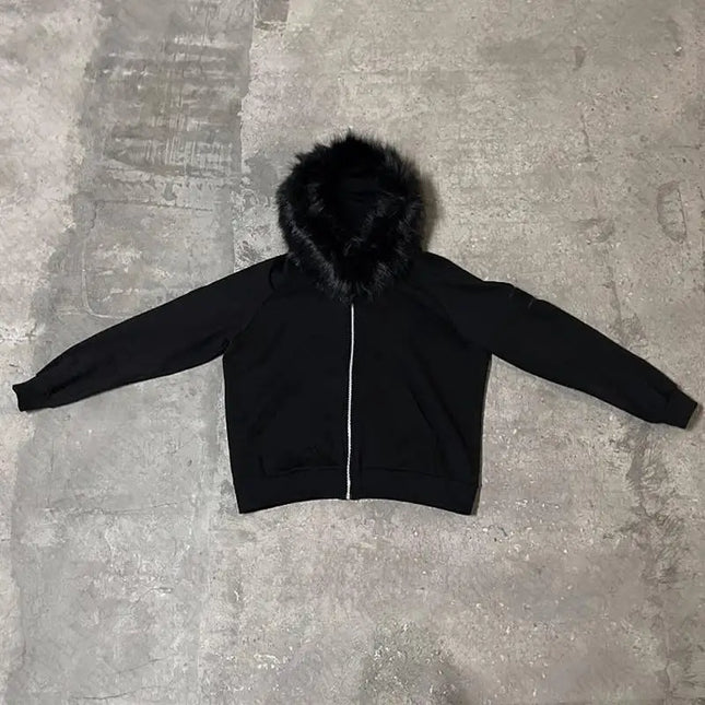 Y2K Zip up hoodie Faux Fur Collar Harajuku Rock Goth Top Retro Punk Loose Jacket Hip Hop Streetwear Zipper Hoodie sweatshirt EMO