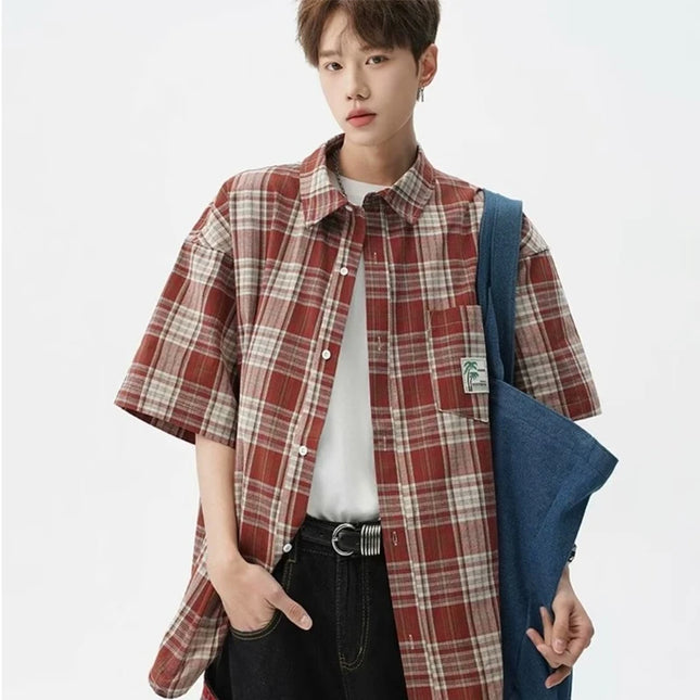 Summer High Street Fashion Plaid Short Sleeve Shirts Men's Pocket Appliques Baggy T Shirt 2026 New Y2K Vintage Luxury Blouse
