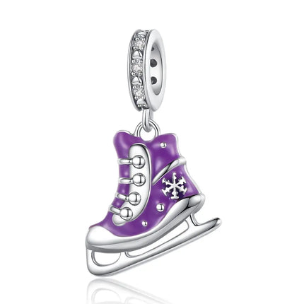 925 Sterling Silver Inlaid Heart-Shaped Beads & Rose Dangle Charm Fits Snake Bracelet Boutique Necklace Purple Pendant Gift