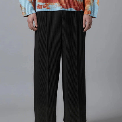 New Miyake Pleated Man Wide Leg Pants Baggy Casual High Street Long Pants
