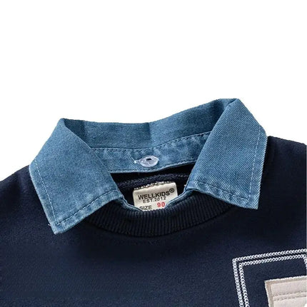 Fleece Padded False Denim Kids Tops Sweatshirt Patchwork Style Fashion Warm Kids Boys Pullover Casual Coat for Winter