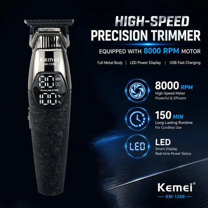Kemei KM-1388 Full Metal Professional Hair Trimmer for Men DLC Blade T-Blade 8000RPM 5W Motor LED Display 1200mAh Hair Clipper