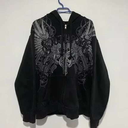 American Fashion New Skull Print Hoodie Women Y2K Vintage Rock Hip Hop Gothic Popular Casual Joker Plus Velvet Padded Sweater