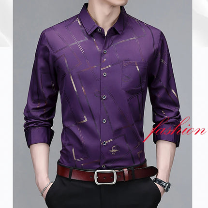 Men's Casual and Fashionable Long Sleeved Printed Shirt, Non-Iron and Wrinkle Resistant Business Top