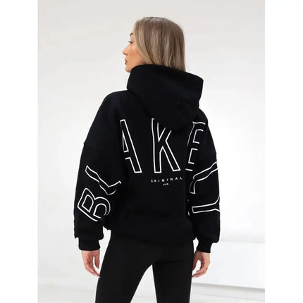 Women Sweatshirts Black Hooded Pullover Big Letter Print Loose Fit New Comfortable Casual Streetwear Minimalist Style Daily Wear