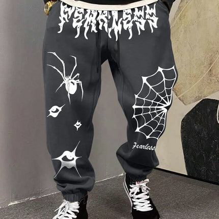 Men's Retro Dark Grunge Spider Eye Graphic Joggers Elastic Cuff Sweatpants Popular Vintage Goth Streetwear Casual Pants