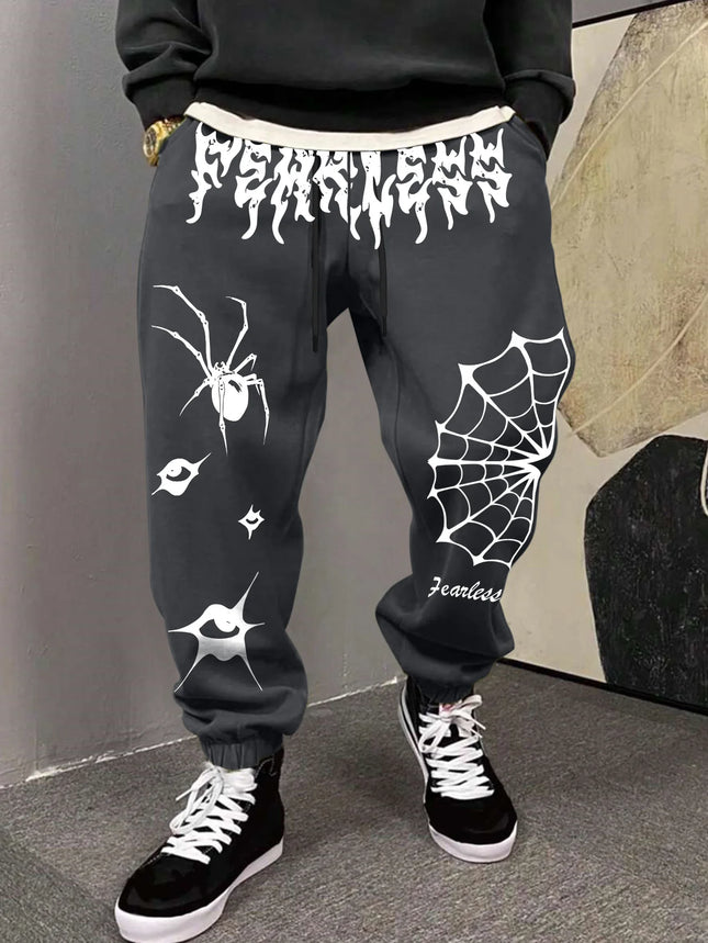 Men's Retro Dark Grunge Spider Eye Graphic Joggers Elastic Cuff Sweatpants Popular Vintage Goth Streetwear Casual Pants