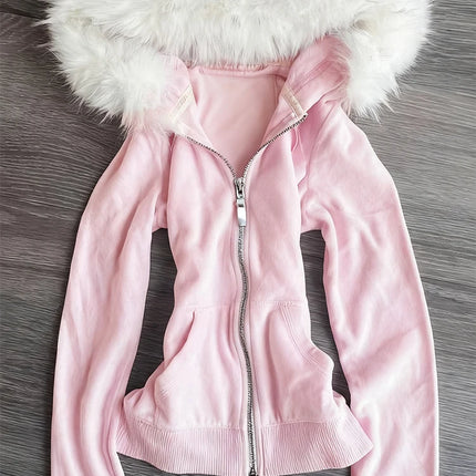 Pink leopard print hooded zipper long-sleeve sweatshirt for spring and autumn comfortable slim fit fashionable street wear 2000s