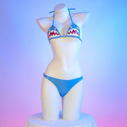 Cute Shark Pool Parry Anime Comics Girl Bikini Swimsuit Gawr Gura Cosplay PU Swimsuit Split Bathing Suit Low Waist Leather Outfi