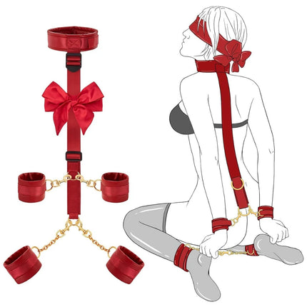 Binding Set BDSM Sex Toys Handcuffs Eye Masks Chains Collars Neck To Wrist Leather Restraints Sex Toys Can Be Adjusted
