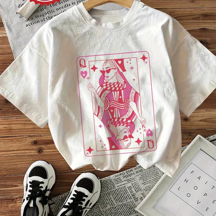 Women's Vintage Queen Hearts Graphic Print T-Shirt Short Sleeve Crew Neck Casual Top Fit Tee for Summer Heart Retro Card Design