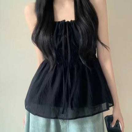 Sexy Summer Design D-string Strap Folded Waist Slimming Women's Casual Sexy Vest Top with Belt Polyester Fiber Thin Model