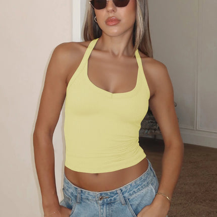 Hugcitar 2025 Summer Ribbed Halter Backless Solid Sexy Crop Tank Top Casual Y2K Women Clothes Beach Vacation Streetwear Yoga