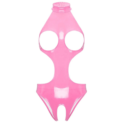 Sexy Womens Cutout Patent Leather Latex Bodysuit Bare Breast Bra Crotchless Erotic Teddies Costume Lingerie Babydoll Bodysuit