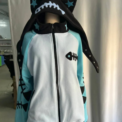 Japanese Cat Ear Fish Bone Hoodie Women Subculture Vintage Y2k Harajuku Punk Oversized Sweet Cardigan Zipper Sweatshirts
