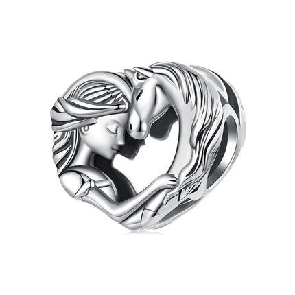 WOSTU Solid 925 Sterling Silver Lovely Girl & Horse Charm Heart Guardian Pendant Fit DIY Bracelet Necklace Heart Jewelry Series