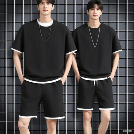 2026 new Summer Men's Waffle Sets Casual T-Shirt And Shorts Set Male Sports Suit Solid Color Tracksuit Loose Suits