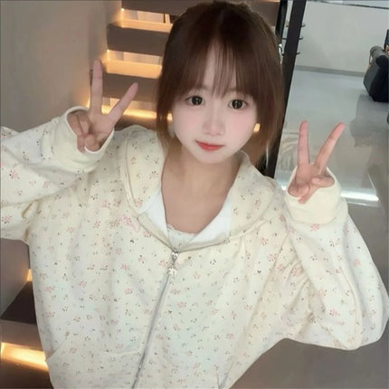 2025 New Sweet Floral Prints Zipper Hooded Hoodie Spring And Autumn Dressing Up Collection Casual Fashion Trends Versatile