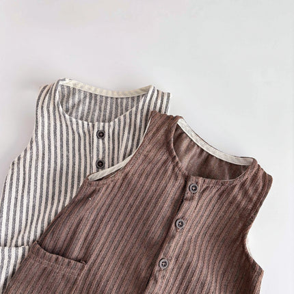 Summer Korean-style striped sleeveless jumpsuit for baby boys and girls, baby crew neck pocket jumpsuit, suitable for going out