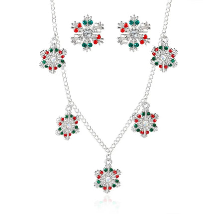 Luxury Zinc Alloy Christmas Jewelry Set Colorful Rhinestone Xmas Dangle Earrings Pendant Snowflake Necklace Women