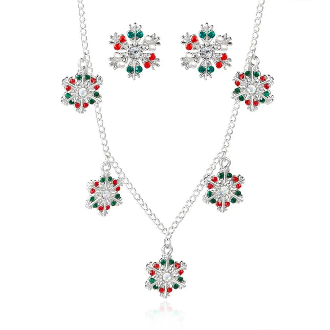 Luxury Zinc Alloy Christmas Jewelry Set Colorful Rhinestone Xmas Dangle Earrings Pendant Snowflake Necklace Women