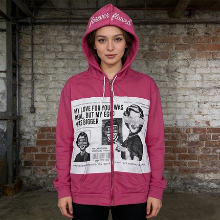 Vintage Portrait Letter Printed Funny Long Sleeve Loose Zipper Hoodies Y2K Autumn Winter Fashion Hip Hop Punk Grunge Casual Coat