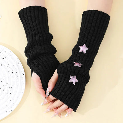 New Women Knitted Fingerless Arm Sleeves Gothic Style Striped Winter Long Arm Warmers Girls Harajuku Y2K Fashion Wrist Gloves