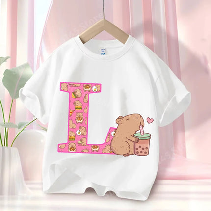 Summer Capibara Anime Letter A-Z Cute Printed Children's T-shirt Girls Short Sleeve Cotton Fashion Tops Kids Clothes Casual Tees