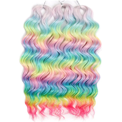 FASHION IDOL 24" 3pcs Deep Wave Curl Hair Synthetic Water Wave Braiding Hair Extensions Ombre Rainbow color Twist Crochet Hair