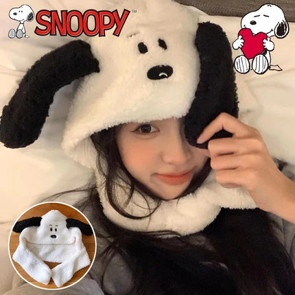 Snoopy Kawaii Plush Hat Women Girls Winter Autumn Headgear Peripheral Cute Creative Plush Scarf Fashion Wool Ear Hat Scarf Gift