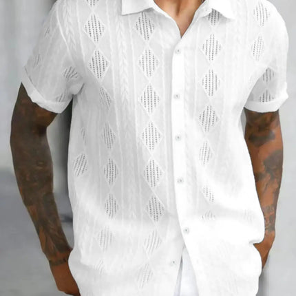 Men's regular slim fit solid color short sleeved shirt with button down casual hollow top, suitable for summer fashion daily wea