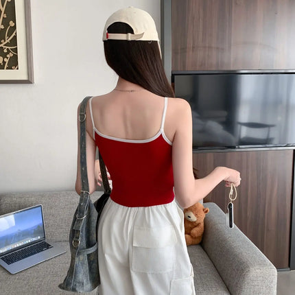 Summer Outdoor Svel Design Sensation Spicy Girl Top American Retro Color Collision Letter Print Strap Vest Women