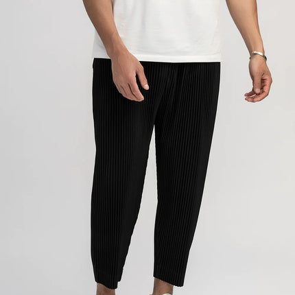Miyake Pleated Straight Pants Men Clothing Black Pencil Cropped Pants Street Wears Men Japanese Style Ankle Length Pants
