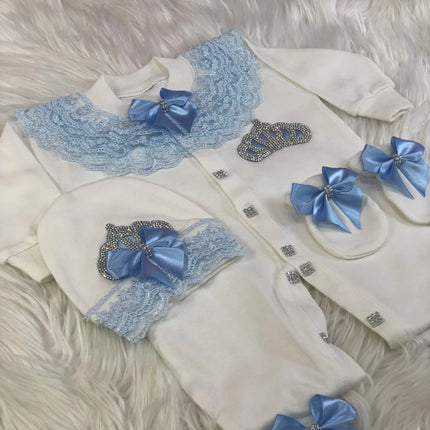 Original UK Prince Take Me Home Outfit Baby Crown Jewels set Baptism Bling Outfit Rubybelleb Light Blue 3pcs Layette Swaddle Set